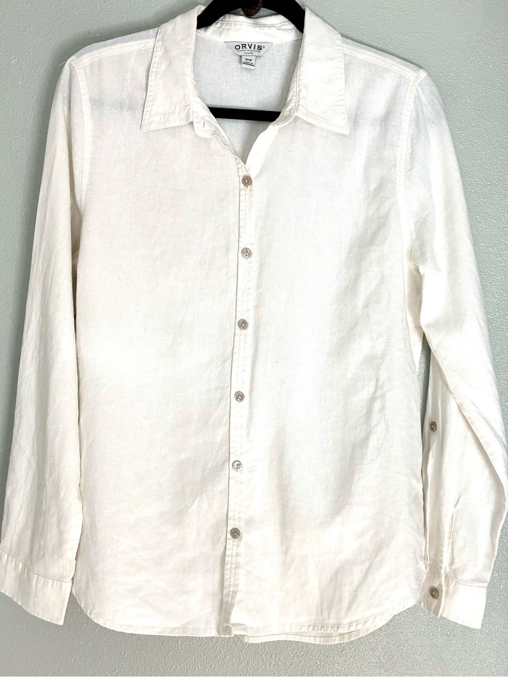 Orvis Women’s XL White Linen Blend Button Front Shirt Roll Tab Sleeve Classic